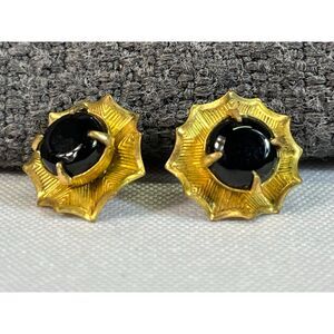 Vintage Gold Toned Black Solitaire Stud Earrings